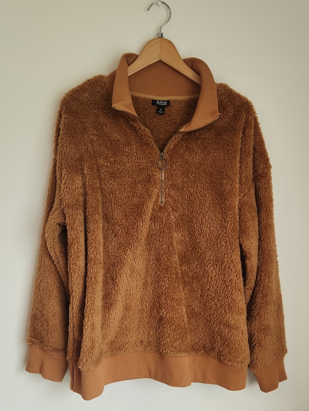 a.n.a Women's Faux-Sherpa Quarter-Zip Pullover Sweater - Camel Brown- Size XL